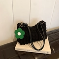 Black puffy pleated shoulder bag featuring a cute green flower charm and leather strap - Black