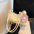 White bubble texture shoulder bag with purple flower charm and popcorn pleated fabric - White and Purple