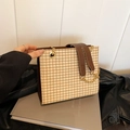 Brown houndstooth woven tote bag with wide leather strap and gold chain accent - Houndstooth Brown