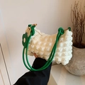 White bubble texture shoulder bag with green straps and floral charm accessory - White & Green
