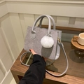Gray corduroy tote bag with leather handles, shoulder strap and a white fluffy pendant - Gray With Pendant