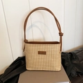 Borsa a secchiello in paglia beige con manici in pelle marrone e logo di moda - Pied-de-poule Marrone