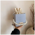 Blue and white textured box bag with pearl handle and golden chain strap - Blue