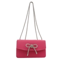 Rosafarbene Handtasche aus PU-Leder mit Strass-Schleife und silberner Perlenkette - Rosenrosa