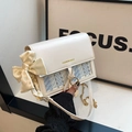 Creamy white plaid crossbody bag with blue woven panel and elegant silk scarf bow - With Silk Scarf / White