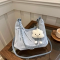 Light blue water ripple texture shoulder bag with cute plush cloud charm detail - Blue With Charm