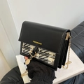 Black flap crossbody bag with tweed panel and golden chain strap featuring fashion text - Without Scarf / Black