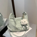 Mint green hobo shoulder bag with marble texture and white cloud plush pendant charm - Green With Pendant
