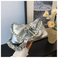 Silver metallic pleated shoulder bag with pearl chain strap and glossy finish - Silver