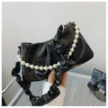 Black pleated underarm bag with decorative pearl chain and elegant bow shoulder strap - Black