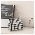 Detail of tweed checkered tote bag with beige leather and silver chain shoulder straps - No Pendant / White