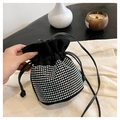 Fashionable black faux suede drawstring bucket bag with sparkling silver rhinestone fringe - Black Iridescent Rhinestone