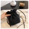 Fashionable black faux suede drawstring bucket bag with sparkling rhinestones decoration - Black/Black Zirconia