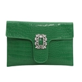 Green faux-crocodile textured envelope clutch with sparkling rectangular crystal buckle - Green
