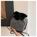 Chic black faux suede drawstring bucket bag with sparkling silver rhinestone embellishments - Black with Silver Rhinestones