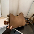 Brown faux leather crossbody bag with fashion metal plate and cute plush bear charm - With Plush Charm / Brown