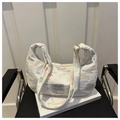 Close-up of white textured shoulder bag with colorful wavy stitching and fashion label - White Without Pendant