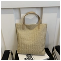 Large hand-woven straw tote bag with brown leather handles and chic herringbone texture - Khaki