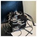 Chic black drawstring bucket bag with colorful embroidery and metal chain strap - Black