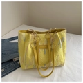 Detail of yellow quilted tote bag with colorful wave stitching and metal ring handle - Yellow