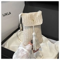 Straw woven crossbody phone bag in beige with long tassels and gold metal buckle - White