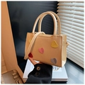 Straw handbag with colorful 3D heart patches and shoulder strap in beige color - Beige