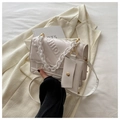 White quilted square crossbody bag with FASHION embossment and chunky plastic chain - White