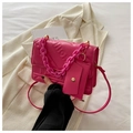 Quilted magenta small square crossbody bag with fashion embossing and chunky chain - Rose Pink