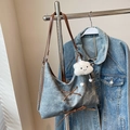 Gray washed denim tote bag with brown faux leather straps and white cloud plush charm - Blue