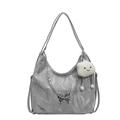 Silver metallic butterfly tote bag with chain strap and cloud plush charm for women - Without Pendant / Silver