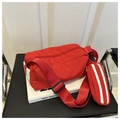 Red oxford cloth shoulder bag with white stripes and small detachable coin pouch - Red
