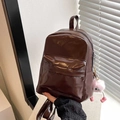 Glossy brown PU leather backpack with mini design and cute plush eyeball charm - Brown with Pendant