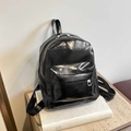 Minimalist large black PU leather backpack for women with glossy wrinkled texture - Black Without Pendant