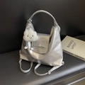 Bolso tote plateado metalizado con lazo y colgante de nube blanca para mujeres - Plata (Con Colgante de Nube)