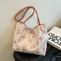 Weiße Tote-Bag mit Schmetterlingsdruck, Lederstruktur und rosa geflochtenen Griffen - Rosa