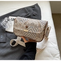 Bolso bandolera bordado retro con correa ancha y adornos de cuero marrón - Caqui