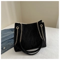 Large black crinkled tote bag with golden chain strap and FASHION embossed detail - Black