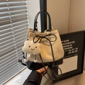 Women's canvas bucket bag with bow drawstring and plush cloud pendant accessory - With Cloud Charm / Rice White (With Pendant)