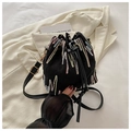 Black nylon bucket bag with colorful wavy embroidery and drawstring closure - Black