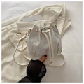 White nylon drawstring bucket bag with colorful rainbow embroidery and embossed pattern - White