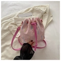 Pink nylon bucket bag with colorful tassel embroidery and embossed logo patterns - Pink