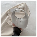 Minimalist white semi-circular faux leather handbag with silver zippers and wide handle - White