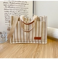 Striped canvas tote bag in beige and light brown with FASHION leather label and strap - Khaki