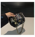 Black quilted crossbody bag with colorful stripe embroidery and gold chain strap - Black
