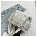 Detail of white satin shoulder bag featuring blue and gold butterfly embroidery and silver chain - Butterfly