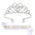 Détail de la couronne en strass argenté GRAD et écharpe en satin Class of 2025 - Ensemble Argent Blanc (Édition 2025)