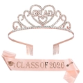 Set de diplômé 2026 avec tiare en strass or rose et écharpe en satin rose pour la fête - Ensemble Or Rose (Édition 2026)