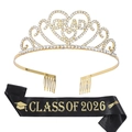 Ensemble remise de diplôme 2026 avec couronne GRAD en strass et écharpe en satin - Ensemble Noir Or (Édition 2026)