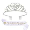 Ensemble couronne GRAD en strass argentés et écharpe en satin Class of 2026 pour diplôme - Ensemble Argent Blanc (Édition 2026)