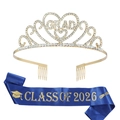 Set de fête remise des diplômes 2026 avec couronne dorée et écharpe en satin - Ensemble Bleu Or (Édition 2026)